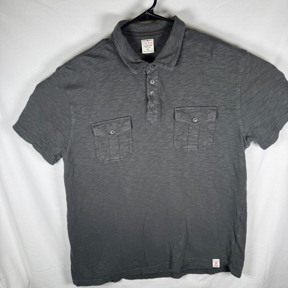 Lucky Brand Polo Shirt Mens XL Gray Slub Knit Short Sleeve Dual Pocket Utility